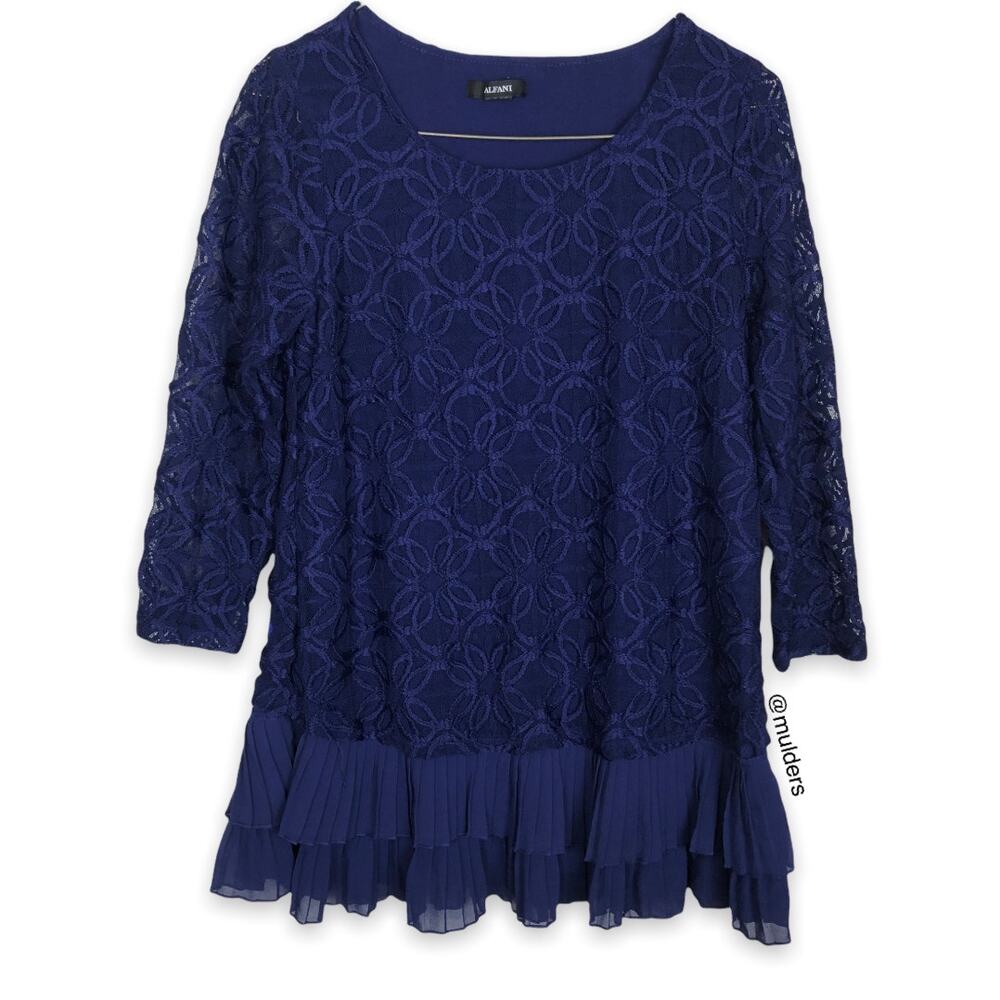 Alfani Blue Floral Lace Pleated Layered Look Shirt Top